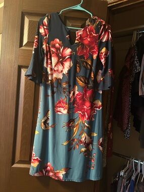 Teal Floral Keyhole Dress with Red & Pink Blooms